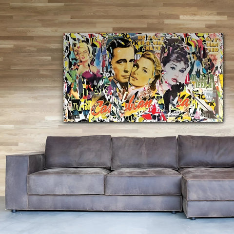 Colorful pop art-style canvas featuring portraits of iconic Hollywood stars against a vibrant, graffiti-like background.