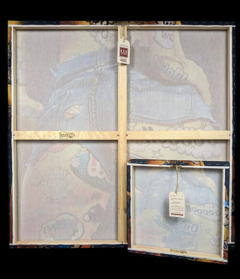 Framed canvas or painting viewed from the back, showing wooden stretcher bars and a smaller canvas leaning against it.