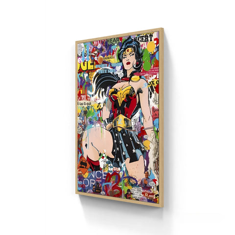 Framed pop art style canvas print of Wonder Woman.