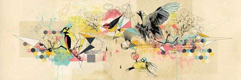 Abstract art with birds and flowers