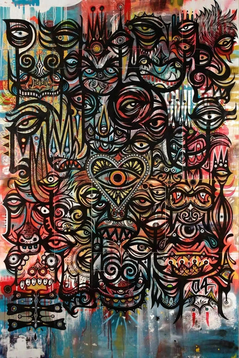 A painting with many different faces and colors