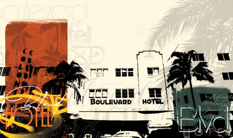 Art deco-style hotel facade with palm trees and neon-like elements in a stylized urban scene.