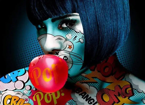 A woman with blue hair and a red balloon