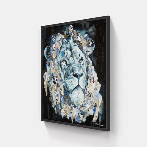 A painting of a lion with many different animals