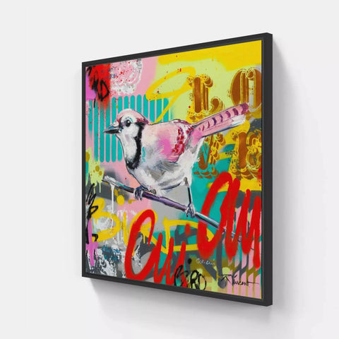 A framed canvas with a bird on it