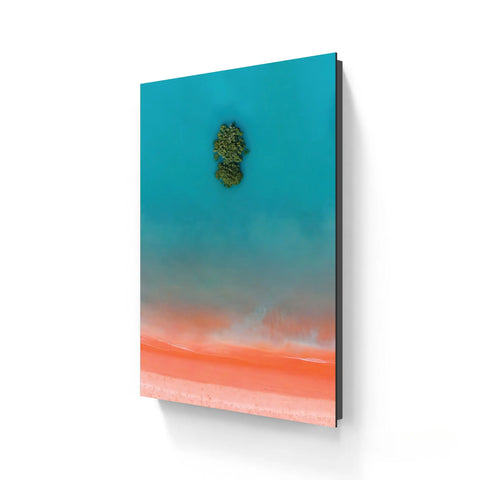 Framed aerial landscape art.
