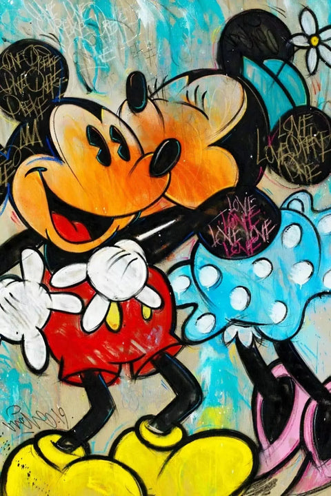 Mickey mouse and minnie mouse are standing next to each other