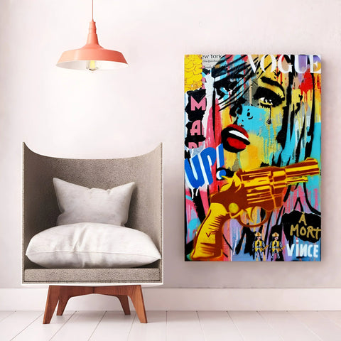 Vibrant pop art-style canvas featuring a graffiti-inspired design with a golden gun and colorful abstract elements.