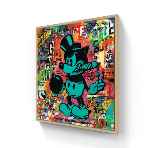 Graffiti-style artwork of Mickey Mouse wearing a top hat against a colorful background with street art text elements.