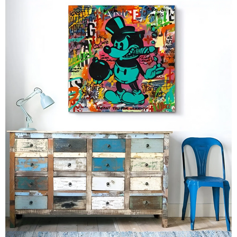 Distressed vintage dresser with multi-colored drawers and weathered paint finish.
