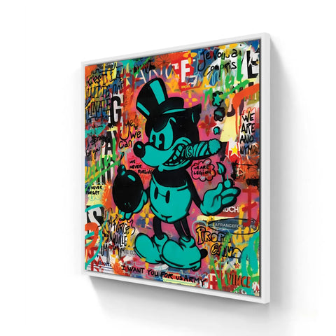 Mickey Mouse wearing a top hat rendered in street art graffiti style.