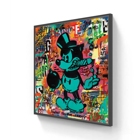 Mickey Mouse silhouette in a top hat rendered in graffiti street art style.
