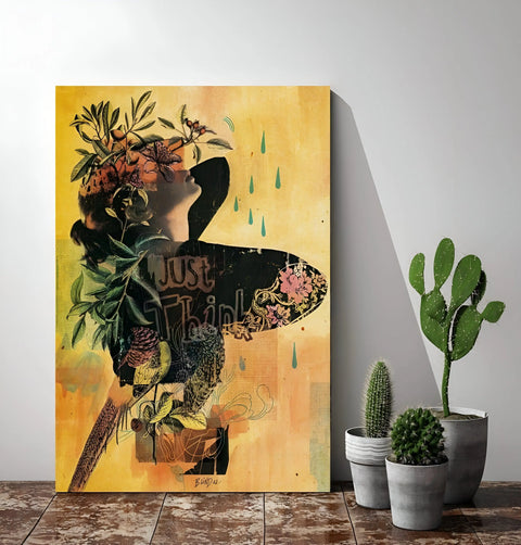Artistic canvas print featuring a silhouette filled with floral and botanical elements against a yellow background.