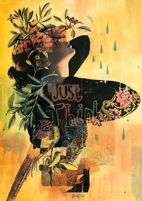 Silhouette of a person’s head and upper body filled with floral and botanical elements, alongside the text ’Just Think’.