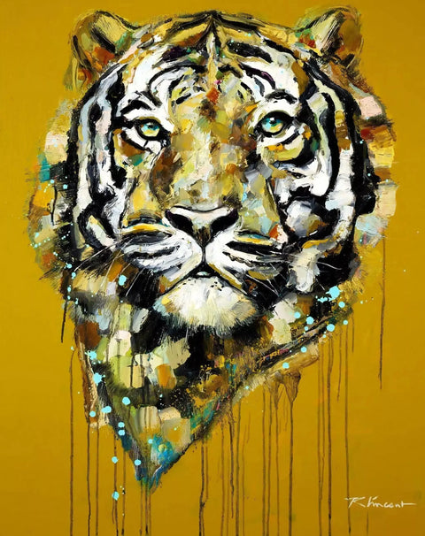 A painting of a tiger with a yellow background