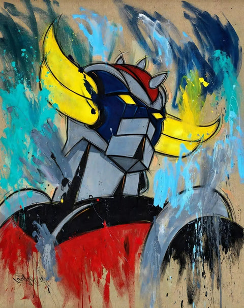 A painting of a robot with a red hat
