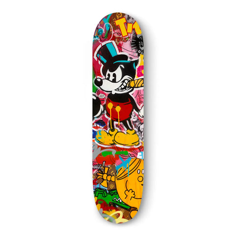 Colorful skateboard deck featuring a cartoon mouse character and graffiti-style artwork.