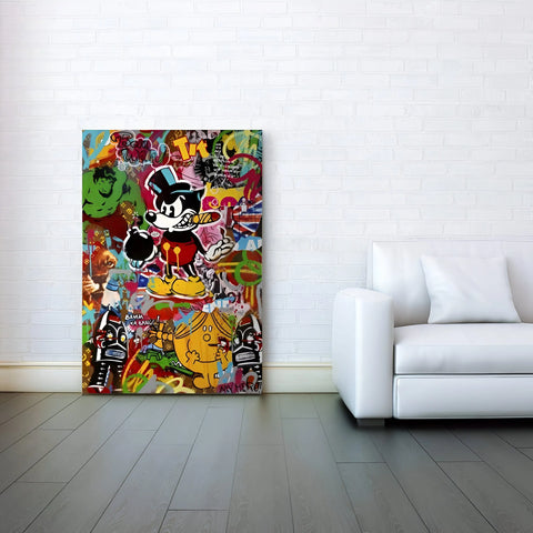 A colorful, pop art-style canvas featuring a stylized Mickey Mouse-like character with a top hat, cigar, and bomb, surrounded by various cartoon and graffiti elements.