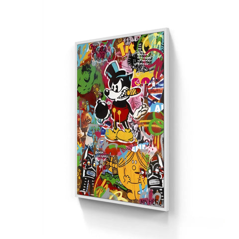 A framed pop art canvas featuring a cartoon mouse with a cigar, surrounded by other characters and graffiti.