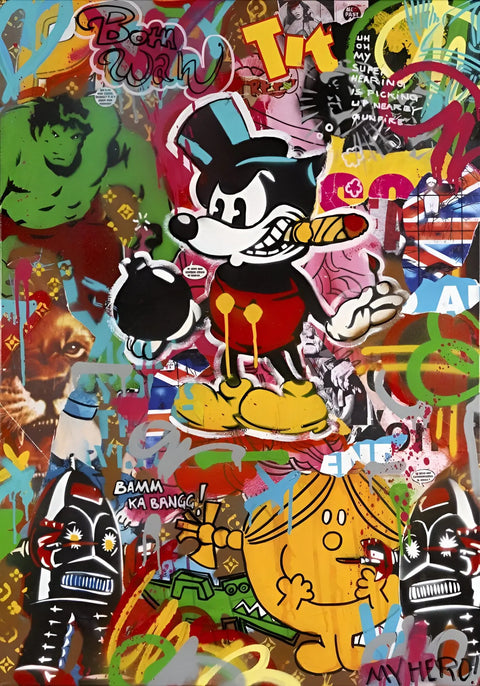 Mickey Mouse-like character with a cigar and bomb, surrounded by pop culture imagery.