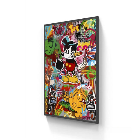 Vibrant pop art painting featuring Mickey Mouse-like character with a cigar, surrounded by other cartoon figures and graffiti.