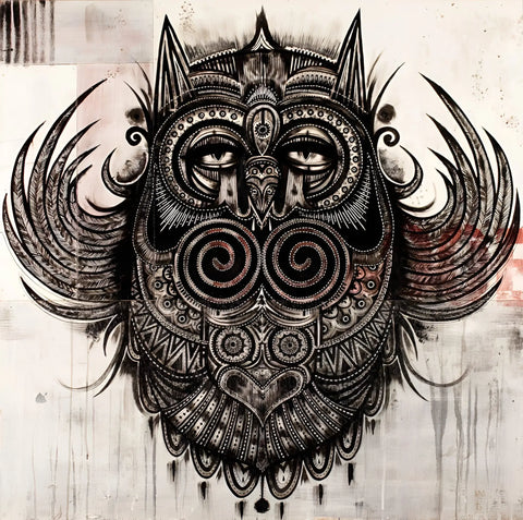 An owl with tribal patterns on its face