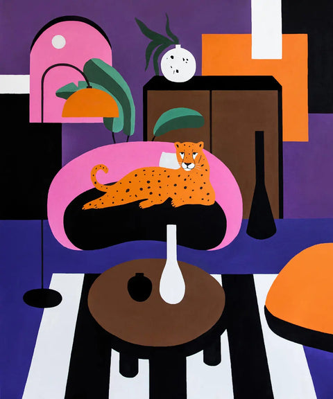 A painting of a cat sleeping on a couch