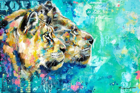 A painting of a lion on a blue background