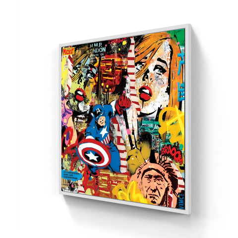 Pop art style canvas print featuring comic book characters, distressed women’s faces, and text.