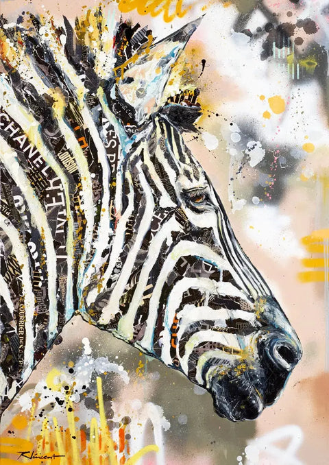 Painting of a zebra with a yellow background and a white stripe