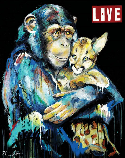A painting of a monkey holding a cat