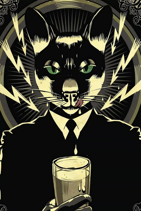 A black cat with green eyes and a suit holding a glass of beer