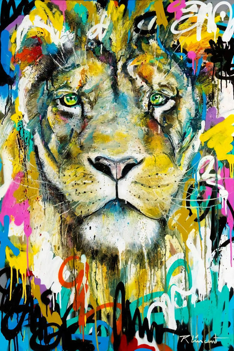 A painting of a lion with colorful paint splats
