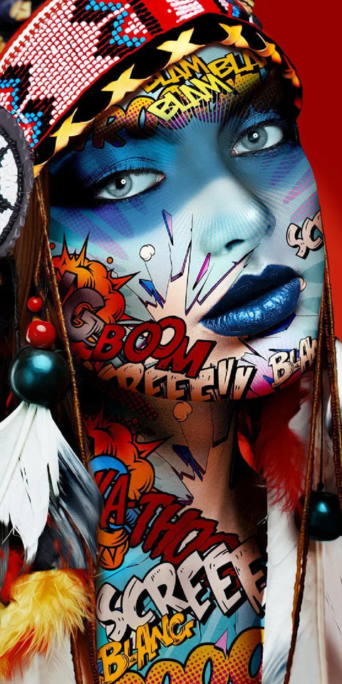 A woman with a colorful face paint and feathers