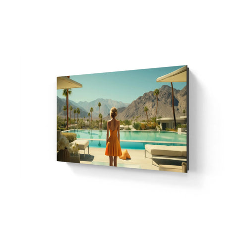 Framed poolside scene.
