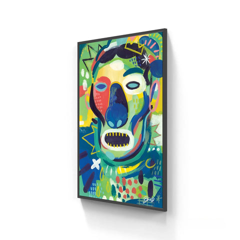 Vibrantly colored abstract portrait painting with a dark frame.