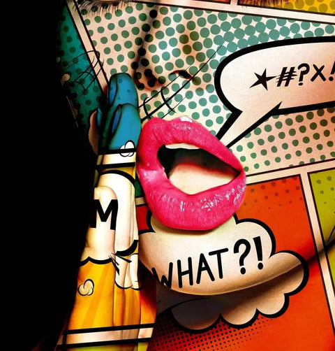 Pink glossy lips with a comic book speech bubble saying ’WHAT?!’