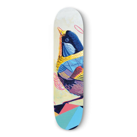 Colorful skateboard deck featuring an artistic bird design.