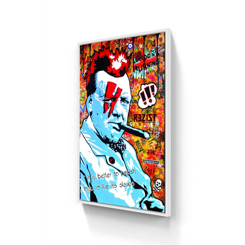 Pop art style portrait painting with blue tones against a graffiti-covered background.