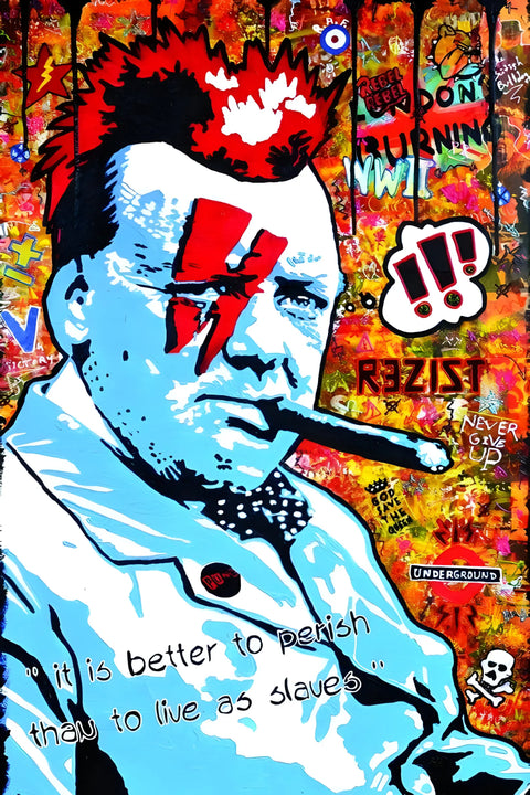 Pop art style portrait with blue and red lightning bolt face paint against a graffiti-covered background.