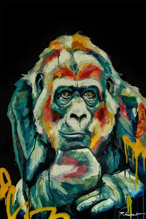 Colorful, expressive painting of a thoughtful gorilla.