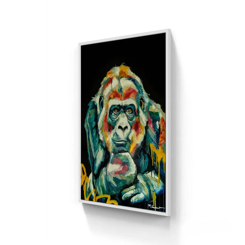 Vibrantly colored, framed art print of a gorilla.