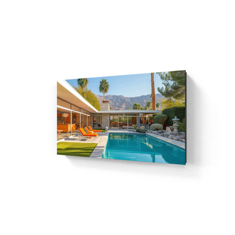 Framed poolside architectural photograph.