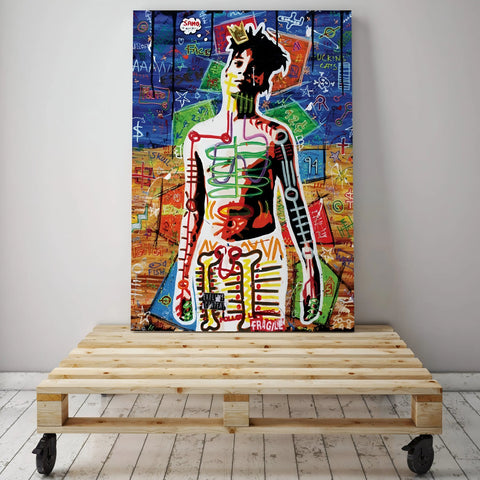 Neo-expressionist street art painting of a figure rendered in vibrant colors and bold brushstrokes.
