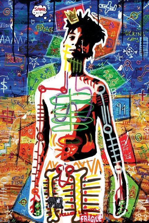 Graffiti-style figure with colorful abstract patterns and lines painted in a neo-expressionist style.