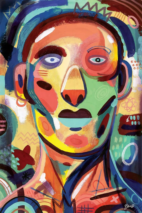 Colorful abstract portrait with geometric shapes and bold lines forming a stylized face.