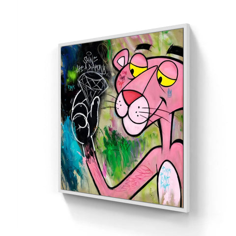 A framed painting of the Pink Panther holding a diamond.