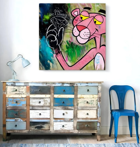A distressed wooden dresser with multiple colorful drawers.