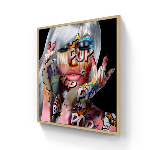A framed pop art canvas print of a woman with comic book elements.