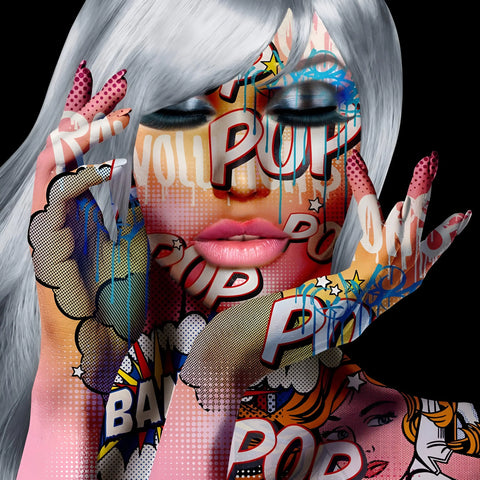 A woman with white hair and pop art-inspired body paint.